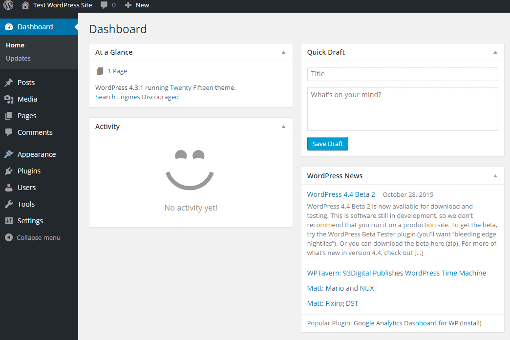 Default WordPress Admin Screen